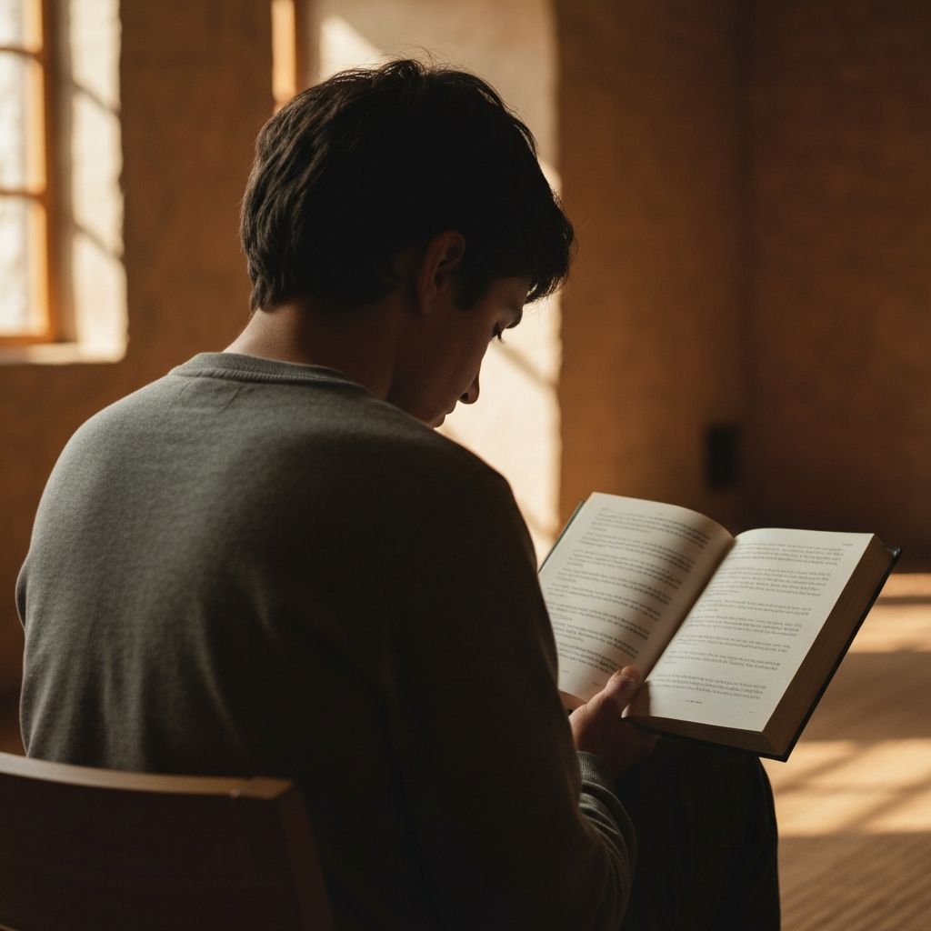 Person reading in natural light with focused and contemplative expression in peaceful environment