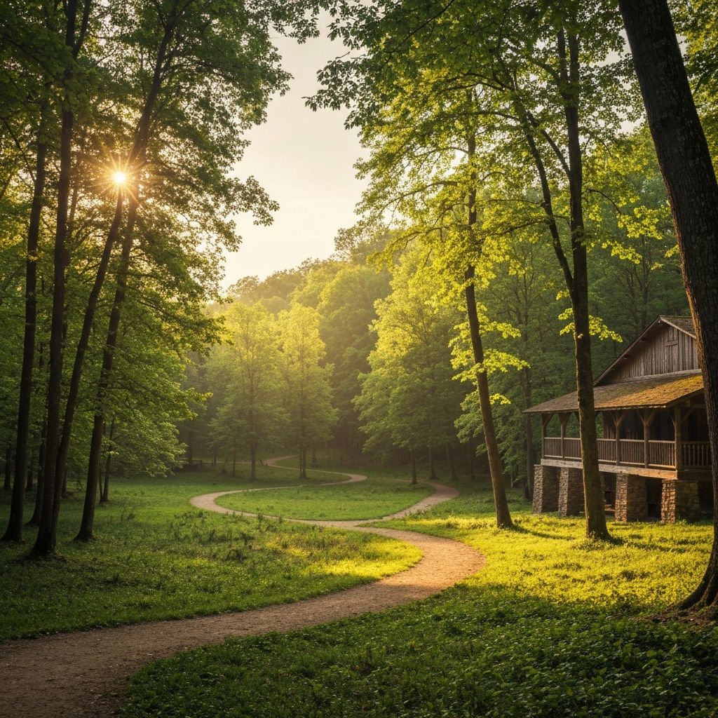 Peaceful nature landscape with forest paths and natural warm light creating welcoming atmosphere