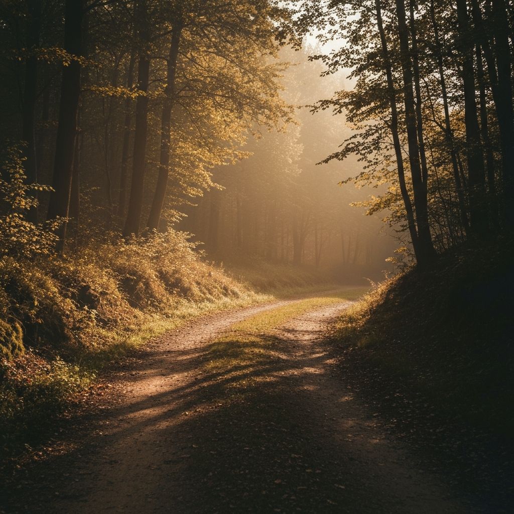 Serene natural landscape with warm sunlight filtering through forest, representing peaceful wellness journey