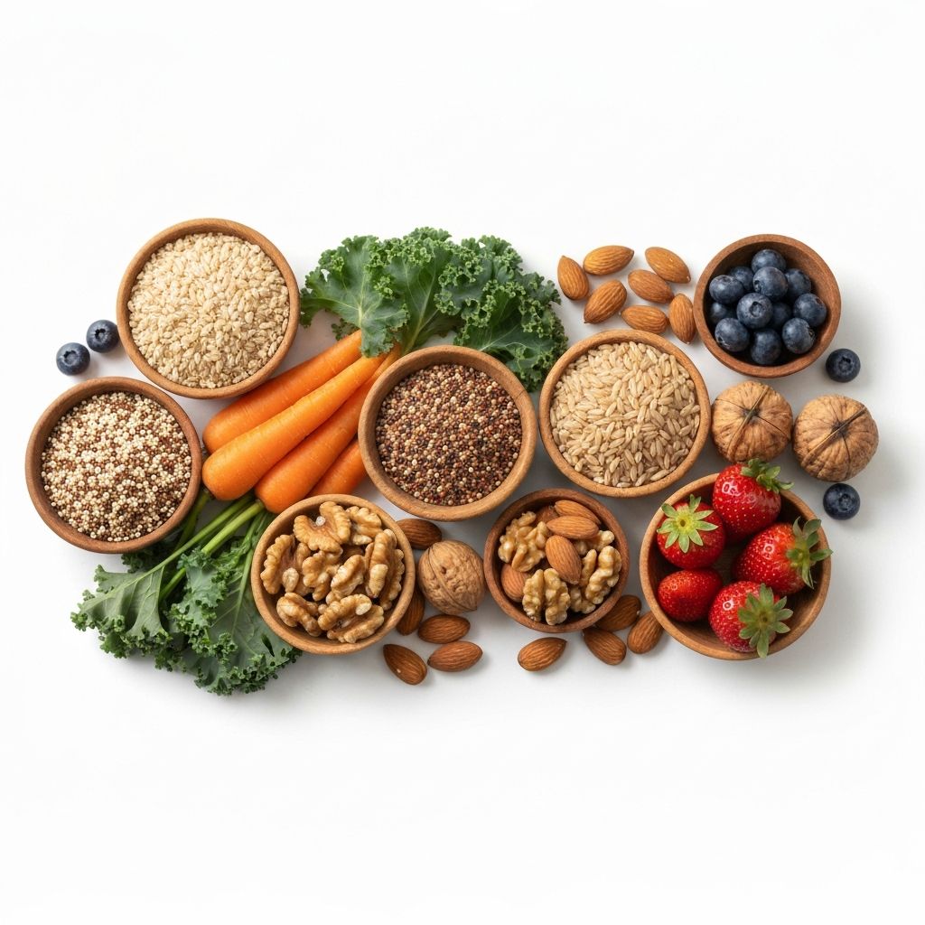 Overhead view of fresh balanced ingredients including whole grains, colorful vegetables and fruits in natural warm light